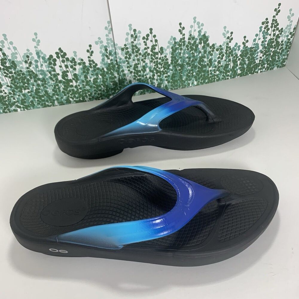 Oofos Orthotic Blue Black Luxe Comfort Thong Sandals Womens Size 9US Or 40 EU